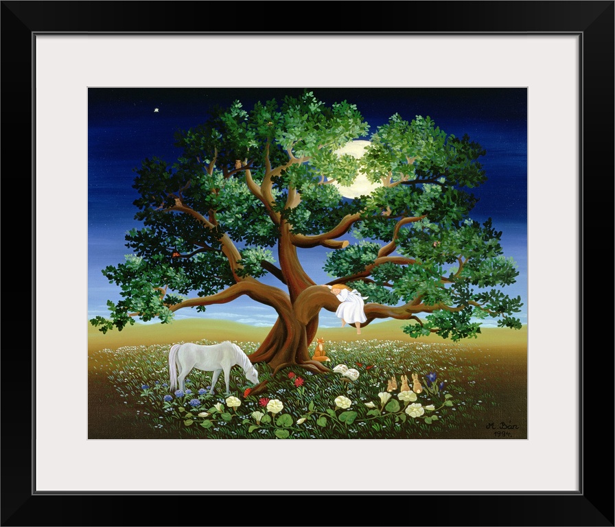 Fantasy painting of a girl sleeping on the branch of a large tree with many animals and plants below her during a full moon.