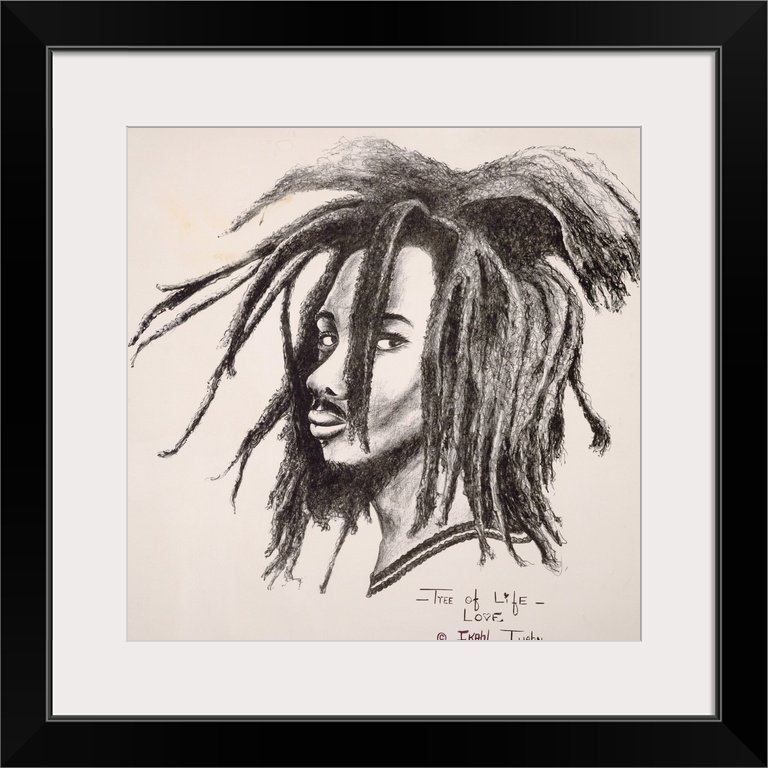 Illustrated portrait of bearded man with dreadlocks.