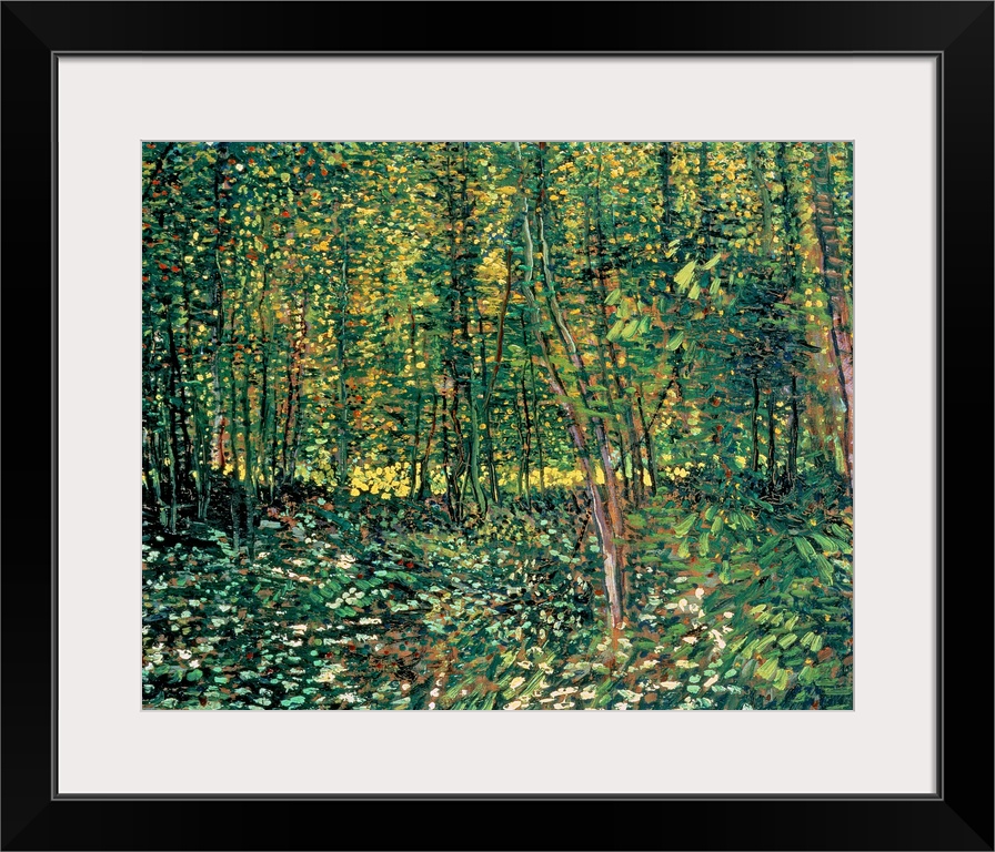 Large classic art depicts a lush forest filled with trees and shrubbery through the use of an abundance of warm tones.