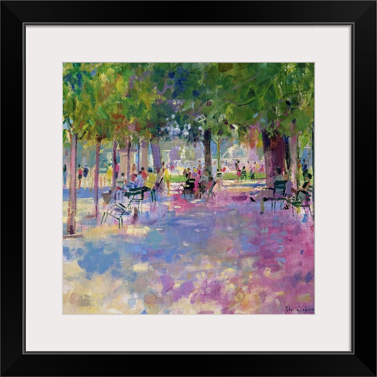 Contemporary painting of park on a sunny day.   There is a wide path lined with huge trees and chairs.  There is a grass m...