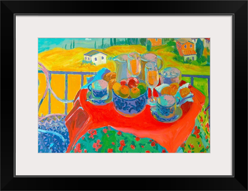 Painting of chairs around a table covered with dishes and food with houses in the background.