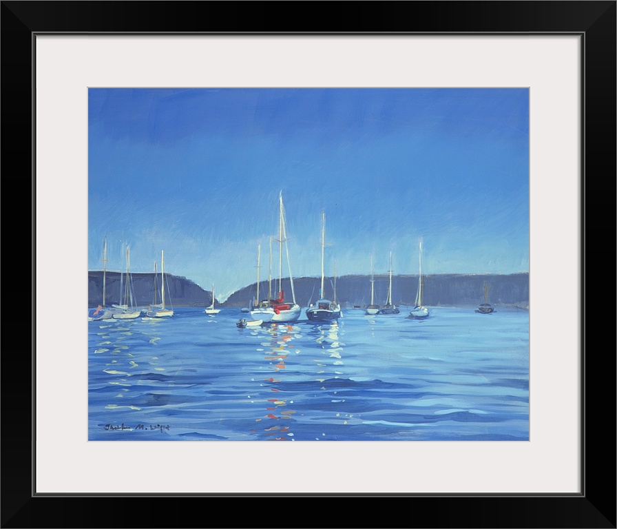 Contemporary painting of sailboats in an inlet at twilight.