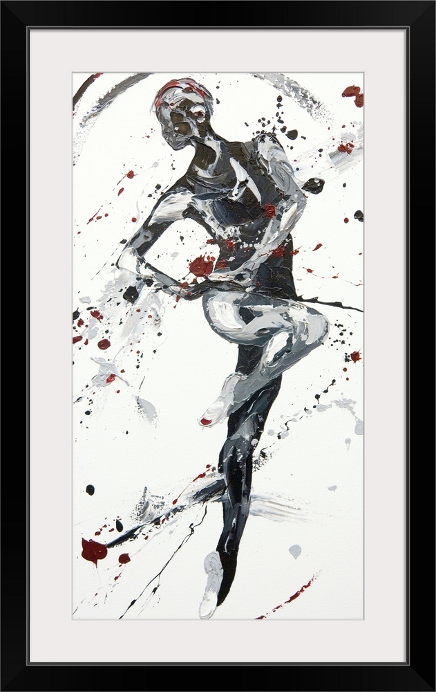 Contemporary painting using black and gray tones to create a dancing figure against a white background.