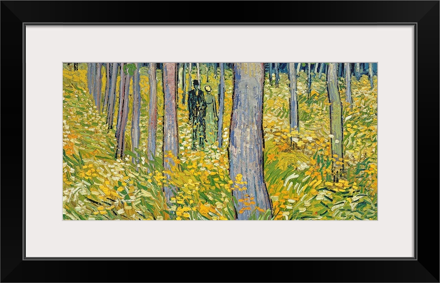 Panoramic painting of couple walking through forest with overgrown brush and rows of trees.