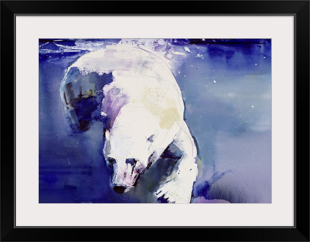 A large contemporary piece of artwork of a polar bear swimming in cool toned water.