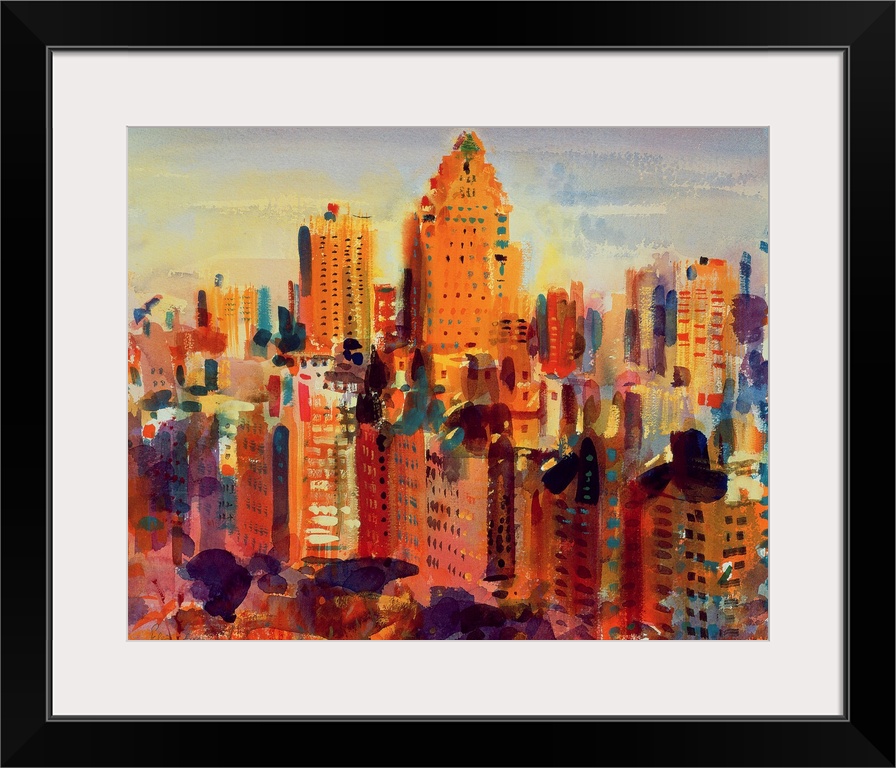 Big contemporary art portrays an aerial view of the tall skyscrapers and buildings that fill New York City through the use...