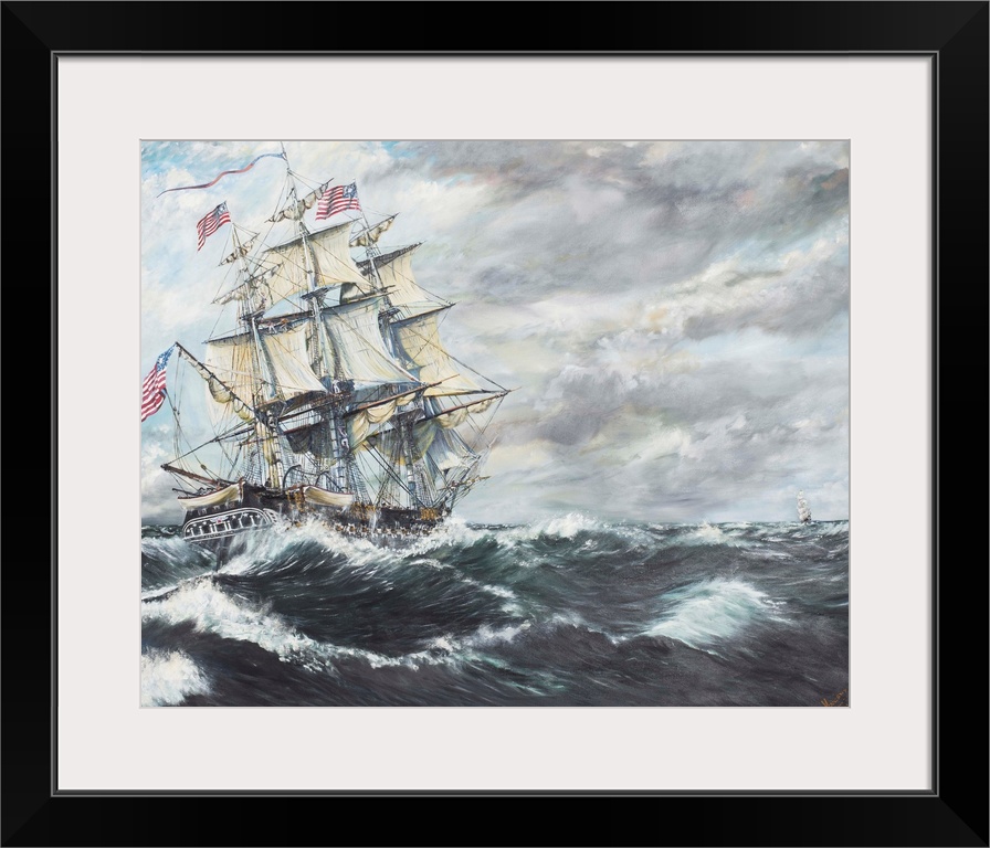 Contemporary painting of a ship riding the high seas during a rough storm.