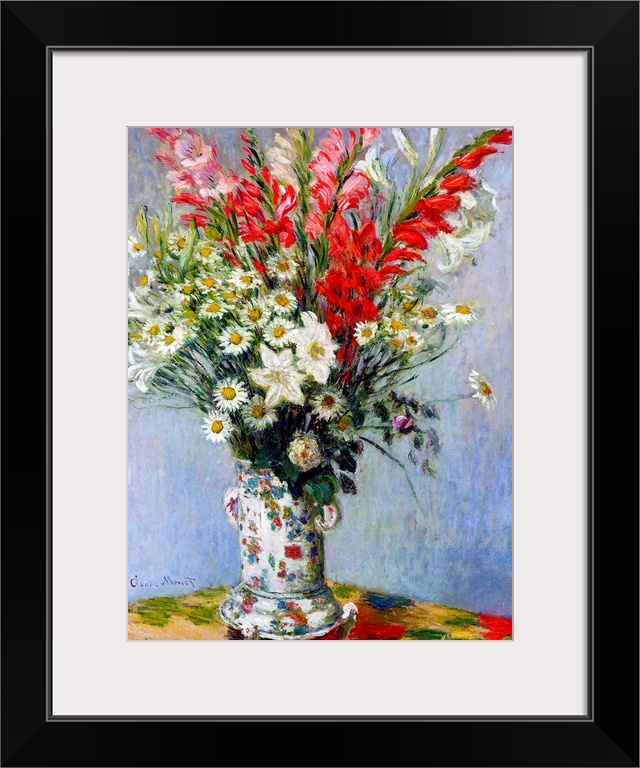 Painting of a vase holding various muticolored flowers on a multicolored table by Claude Monet.