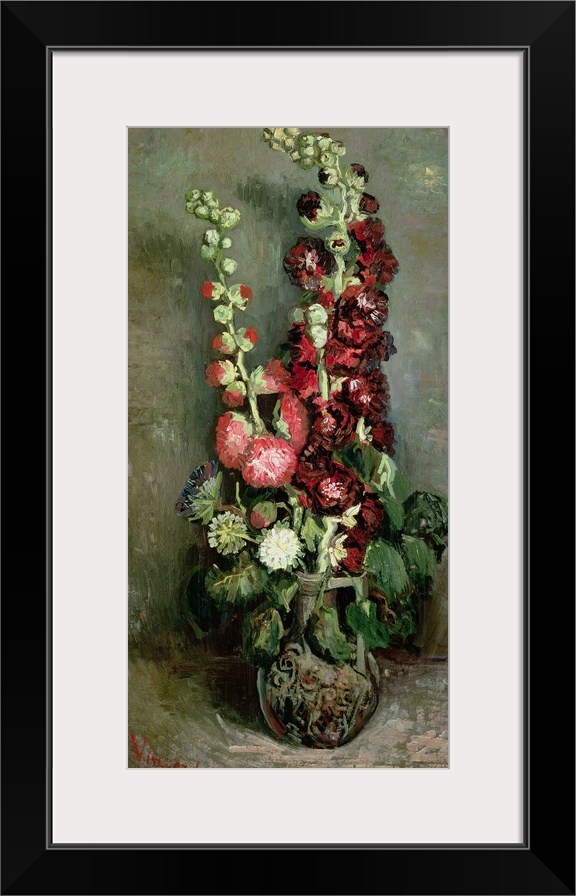 Classic vertical floral art of a tall vase of Hollyhock flowers in bloom.