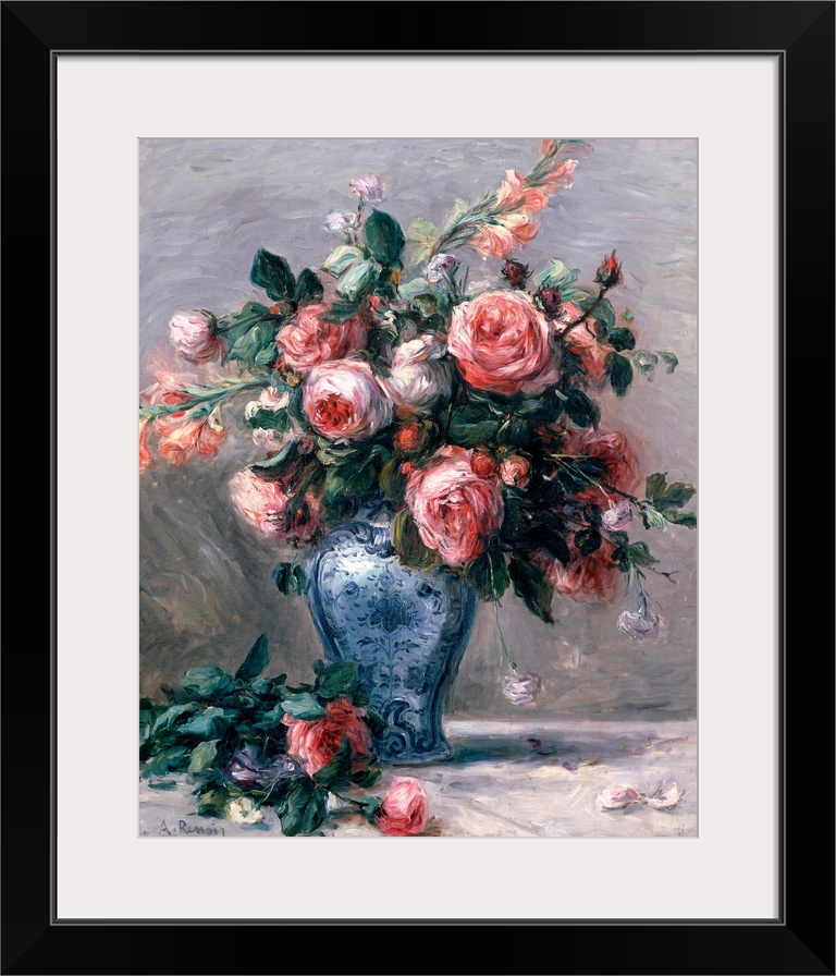 Big classic art depicts an arrangement of flowers within a decorated container sitting on the ground with a few flowers ne...