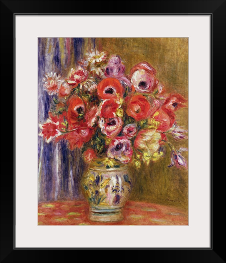 Big painting on canvas of large flowers in a vase on a table.
