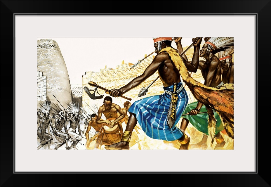 The Story of Africa: The Bantu. A war-dance being performed in the ritual compound at Zimbabwe, round the sacred drums of ...