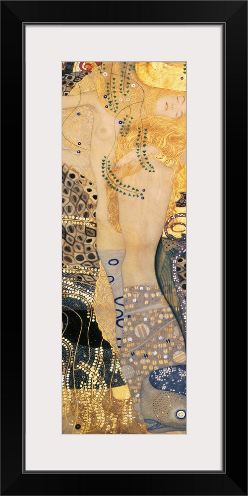 Panoramic classic art showcases a nude woman who is part snake.  This piece includes a variety of patterns made up of circ...