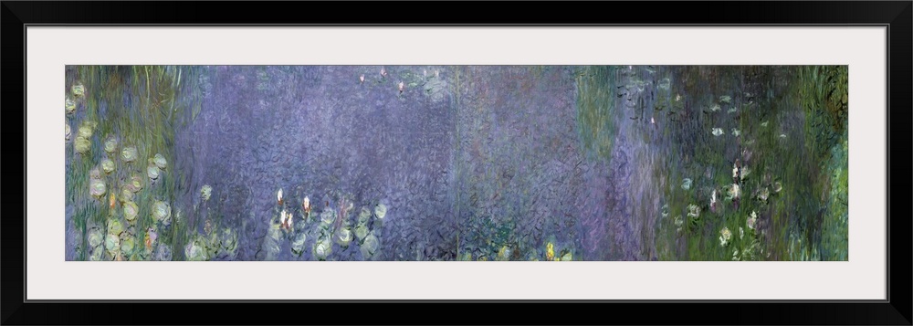 Classic painting lake covered with flowers and surrounded by tall grass in muted subdued colors.