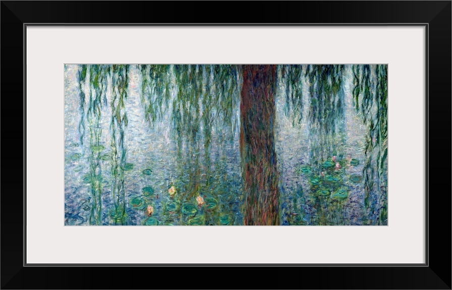 Detail of an Impressionist painting of willow branches dipping into water covered with lily pads.