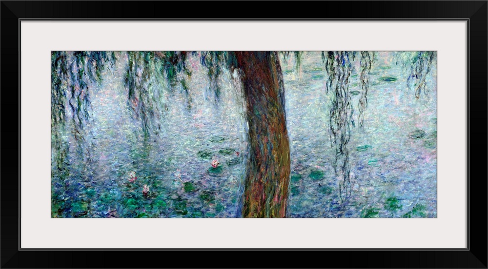Panoramic classic art showcases a lone tree as it hangs over a pond littered with lily pads.