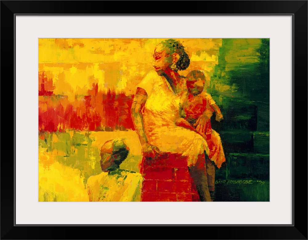 Contemporary African American artwork created with abstract paint application of a woman and two children sitting on a wal...