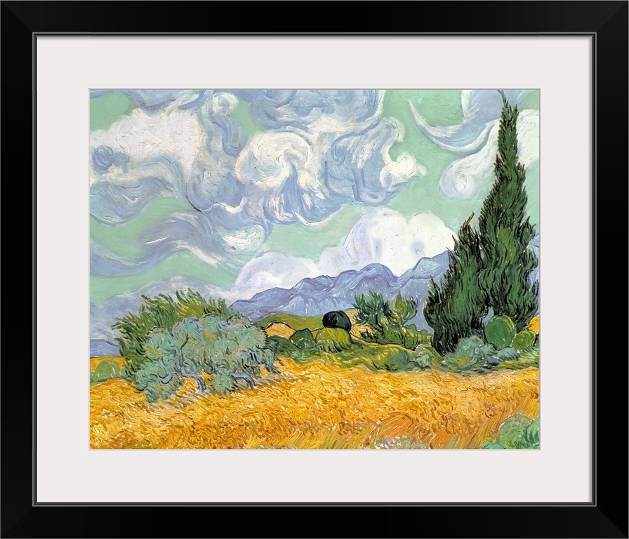 Oversized, landscape, classic art painting of swirling clouds in a sky above a heavily brushed golden wheat field with cyp...