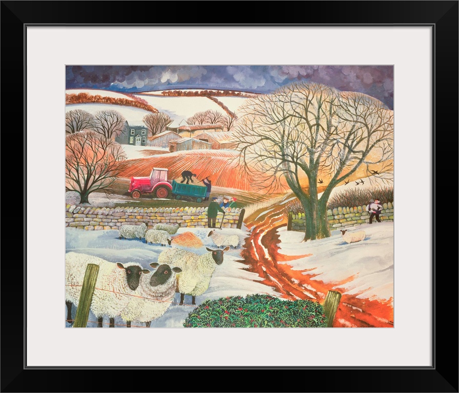 Contemporary painting of a flock of sheep in the countryside in the winter.