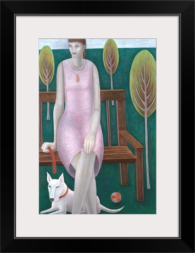 Contemporary painting of a woman sitting on a bench with a dog.