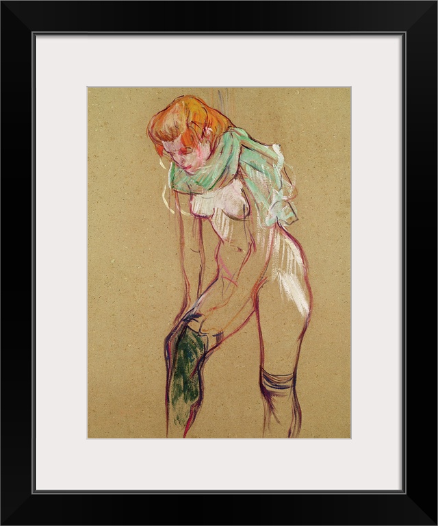 Vertical illustration of a partially nude woman pulling up her stocking, her shirt draped around her neck.