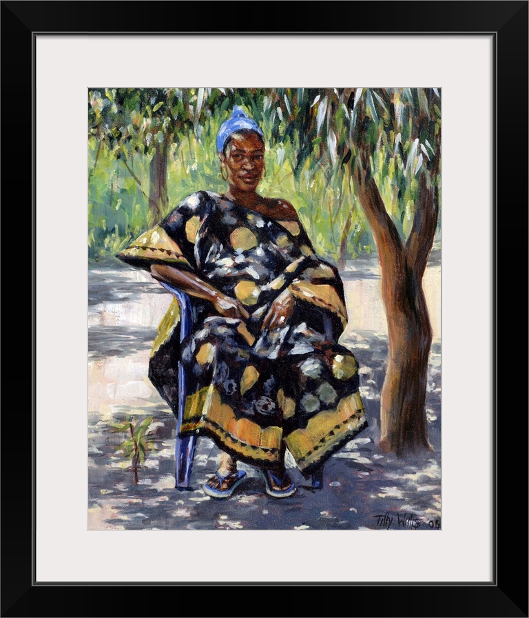 This contemporary artwork is of a woman wearing a colorful dress sitting beneath trees that shade her.