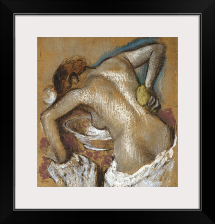 Wall art in pastels of a woman bathing her back with a bowl of water in front of her.