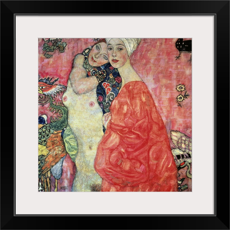 Antique oil on canvas painting showing two females embracing.  One girl is naked and the other is clothed.  There are peac...