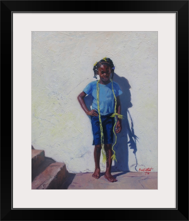 Contemporary painting of a girl with a yellow rope around her shoulders standing against a wall.