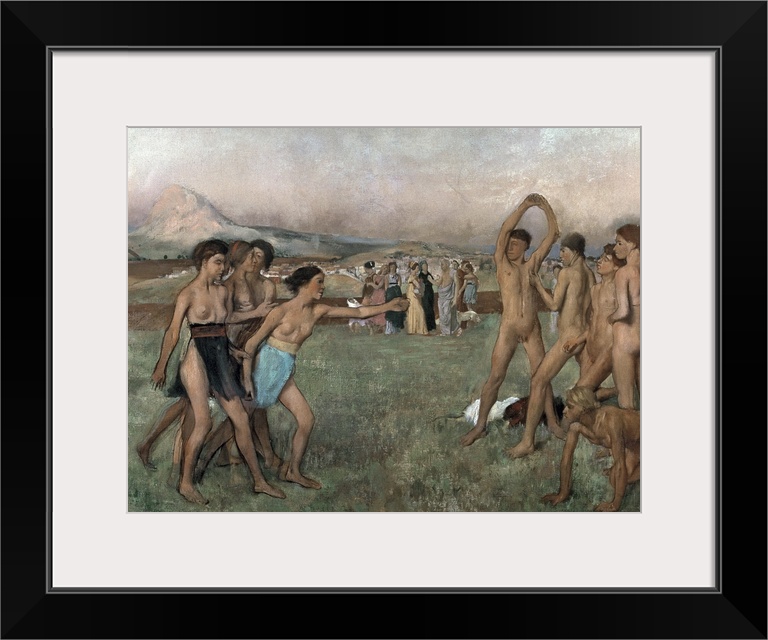 Horizontal classic art painting of groups of Spartans in the nude, exercising in a large field, with a mountain in the bac...