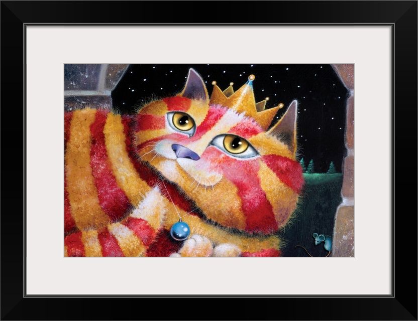 Painting of a gold and red striped cat wearing a crown and blue necklace.