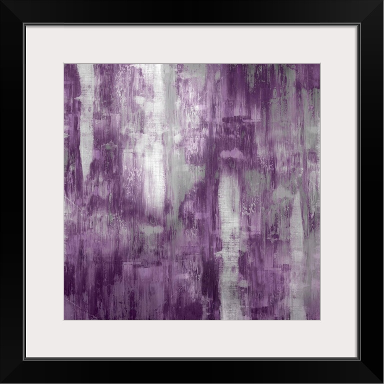 Square abstract painting with silver and purple hues running down the canvas.