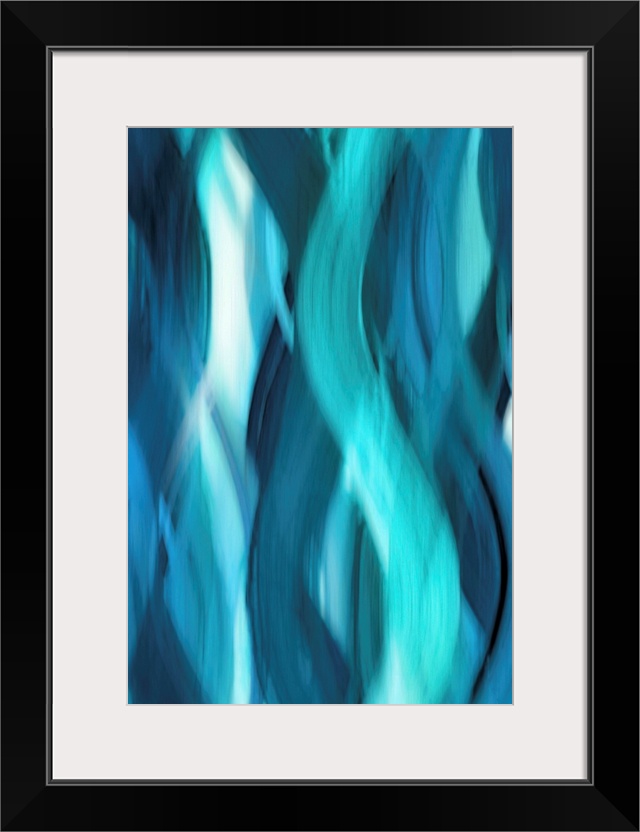 Abstract art with blurred, wavy ribbons running vertically along the canvas from top to bottom in shades of blue.