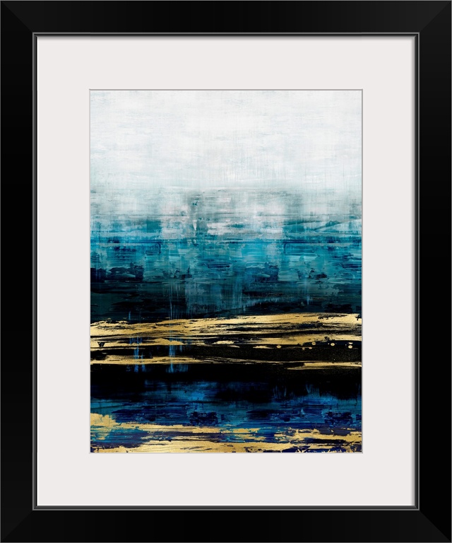 Contemporary artwork featuring bold gold brush strokes over shades of blue and white distressed background.