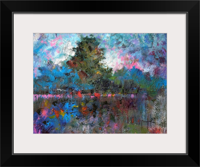 Abstract painting of a tree lined landscape covered in bright pops of pink, red, purple, blue, and yellow.