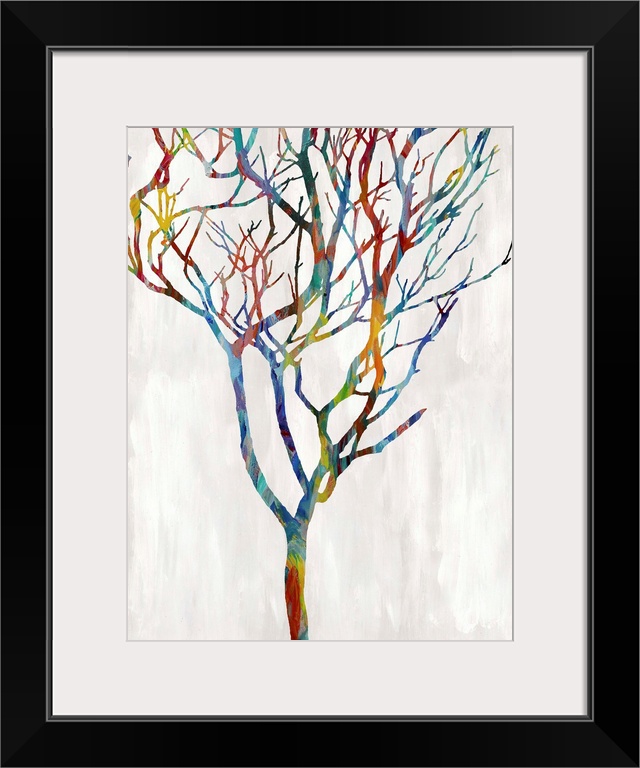 Colorful silhouette of a leafless tree on a white and gray background.