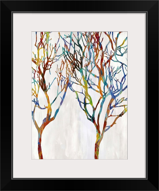 Colorful silhouettes of two leafless trees on a white and gray background.