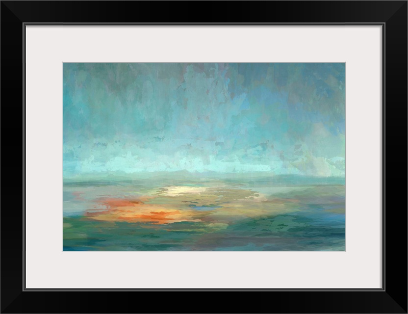 This contemporary artwork features a horizontal landscape with pools of warm orange color popping against vibrant blue and...