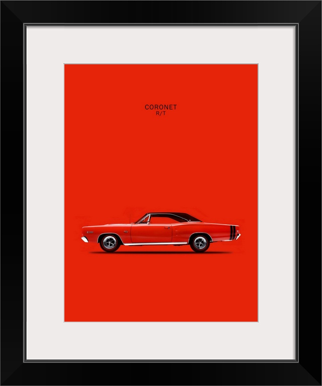 Photograph of a bright red Dodge Coronet RT426 Hemi 1968 printed on a red background