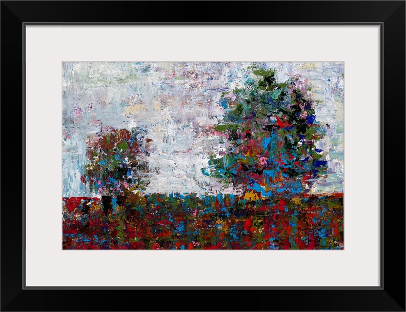 Abstract landscape with two trees created with many colors and small, layered brushstrokes.