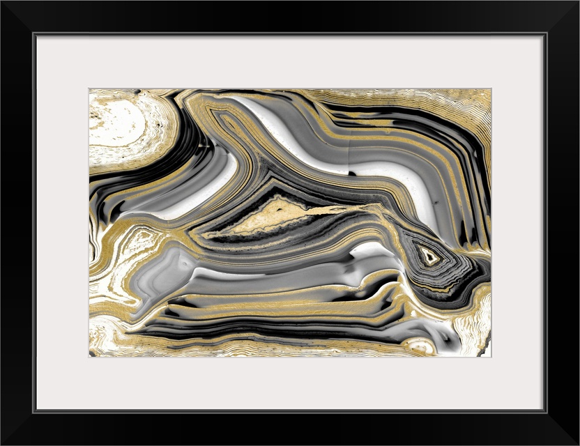 Decor with a gold, white, black, and gray agate pattern.