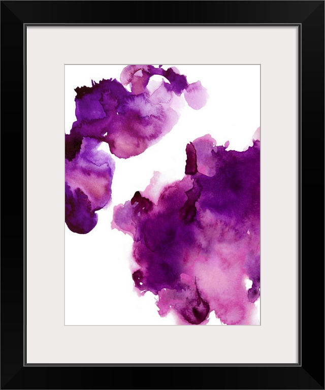 Abstract painting with fuchsia hues splattered together on a white background.