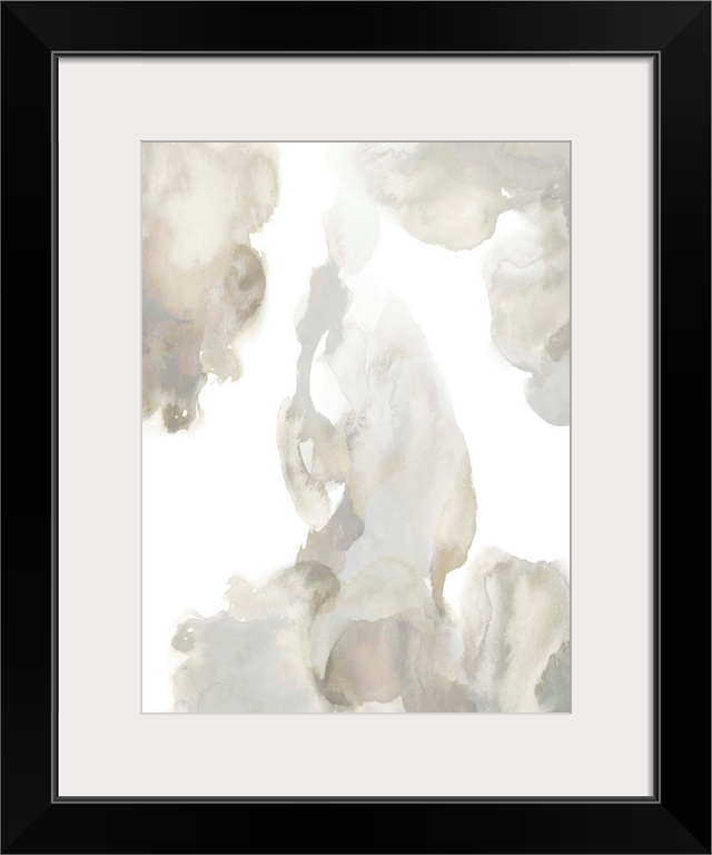 Abstract painting with tan and gray hues splattered together on a white background.