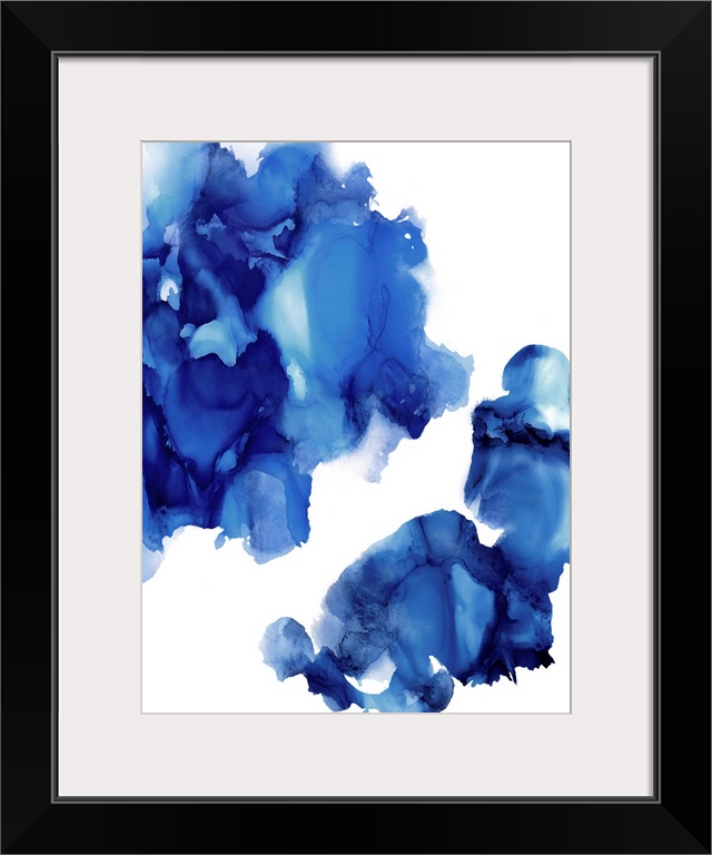 Abstract painting with indigo hues splattered together on a white background.