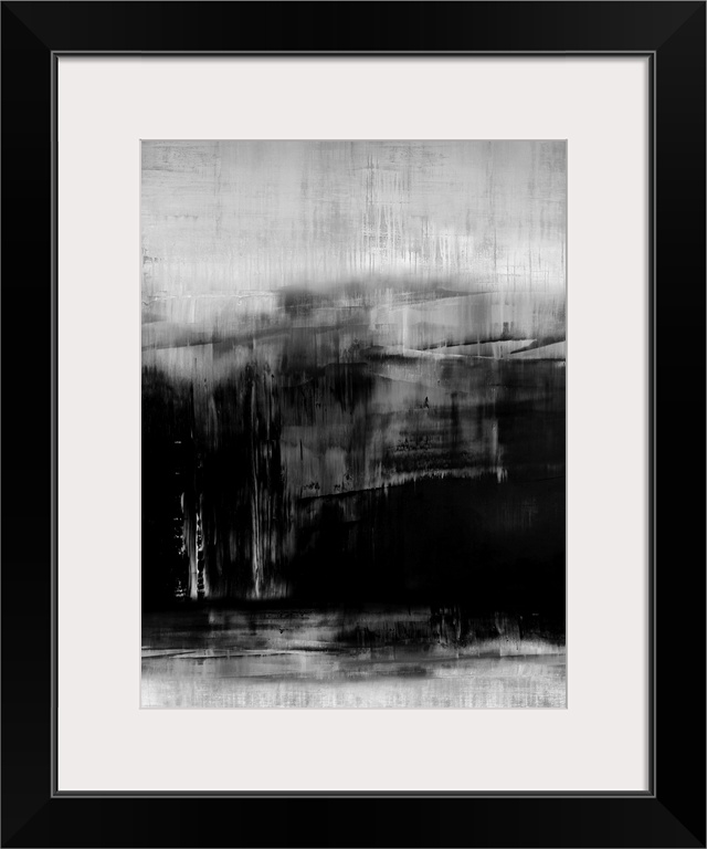 Abstract artwork of vertical brush strokes in black and white with visible horizontal lines throughout.