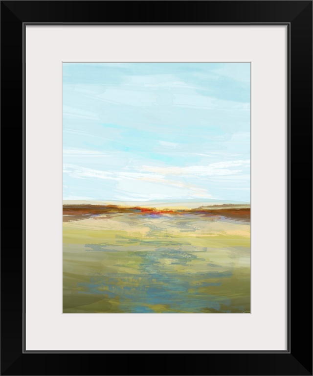 Abstract landscape created with translucent layers of color, creating an open field with a river going through the middle.