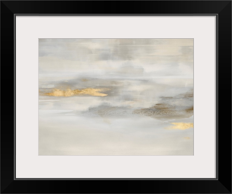 Contemporary abstract artwork in muted beige and white tones with gold colored brush accents.