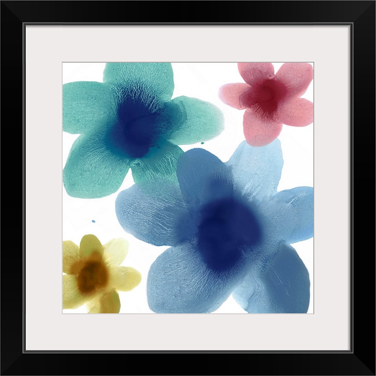 Square abstract art with floral prints in blue, teal, yellow, and pink on a white background.