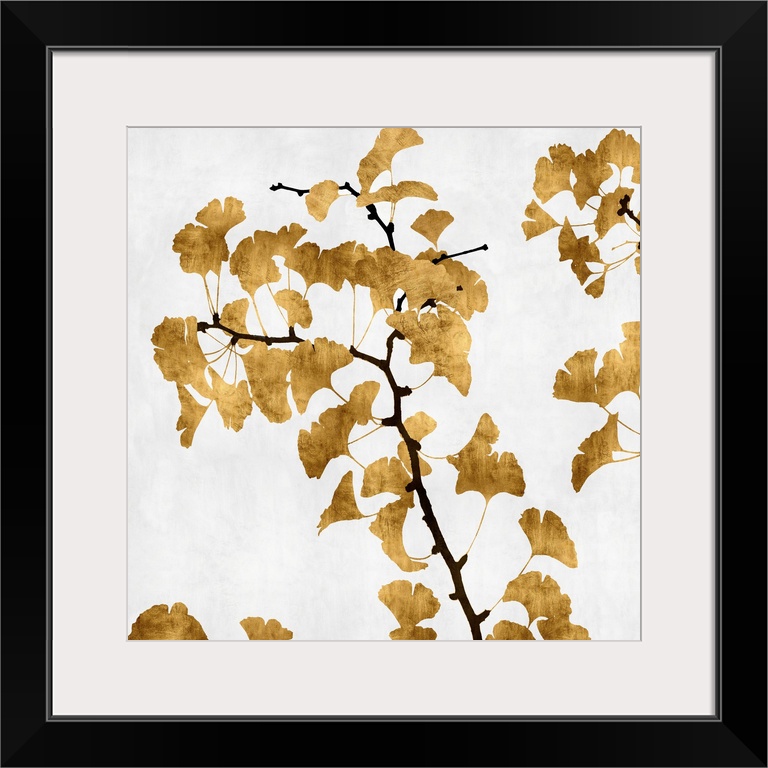 Silhouetted golden ginkgo leaves and brown branches on a white background.