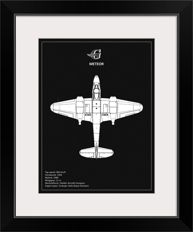 Black and white diagram of a Gloster Meteor with written information at the bottom, on a black background.